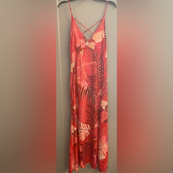 Farm Rio Philipa Maxi Dress size Large Red Tropical Floral Palm Leaf Print Boho - Picture 5 of 14